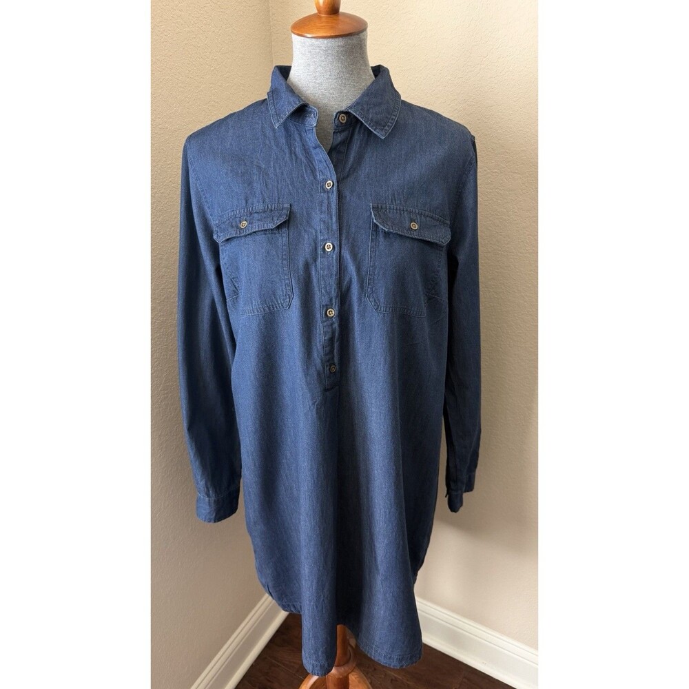 Old Navy Size Large Blue Dark Wash Chambray Long Sleeve Popover Tunic Top